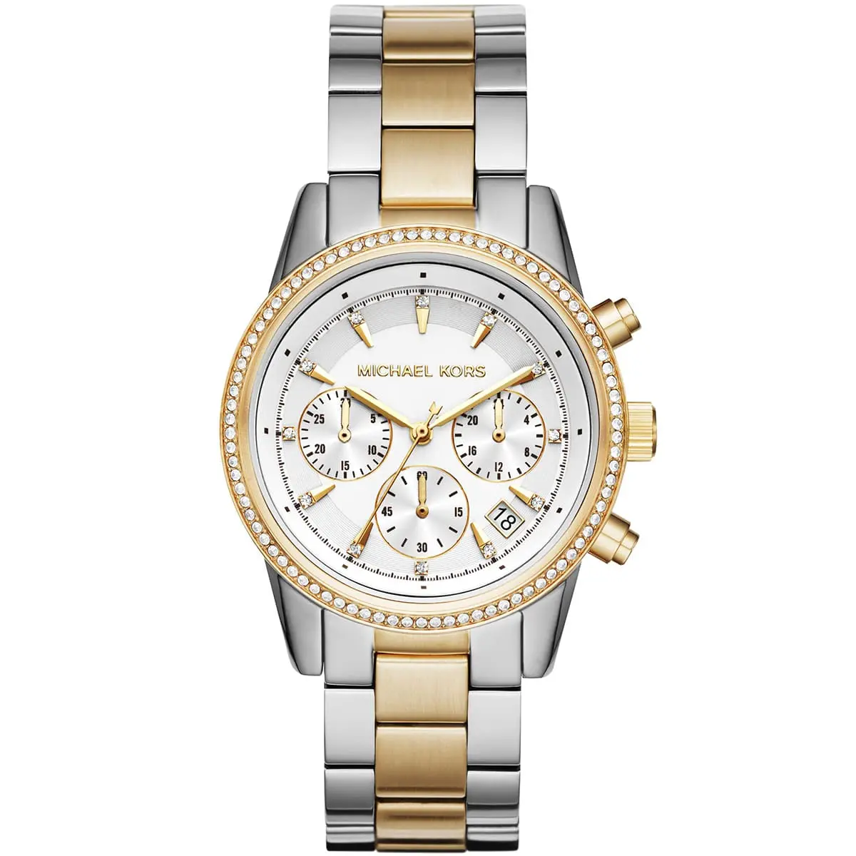 mk6474-michael-kors-chronograph-watch-women-white-dial-metal-stainless-steel-silver-gold-strap-quartz-battery-analog-ritz Montre Michael Kors MK6474 Ritz – Image 1