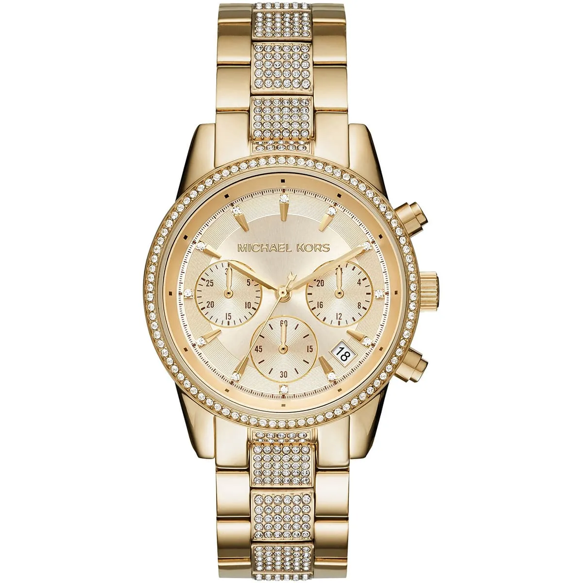 mk6484-michael-kors-watch-women-crystals-gold-dial-metal-stainless-steel-golden-strap-quartz-battery-analog-chronograph-ritz Montre Michael Kors MK6484 Ritz – Image 1