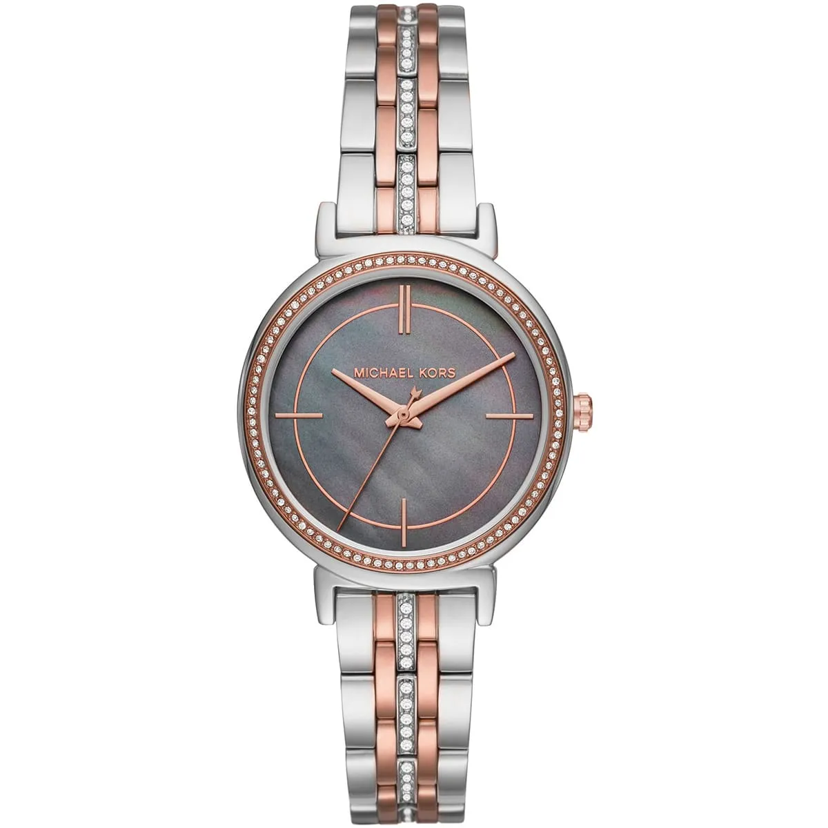 mk3642-michael-kors-watch-women-mother-of-pearl-crystals-gray-dial-metal-stainless-steel-silver-rose-gold-two-tone-strap-quartz-battery-analog-three-hand-cinthia Montre Michael Kors MK3642 – Image 1